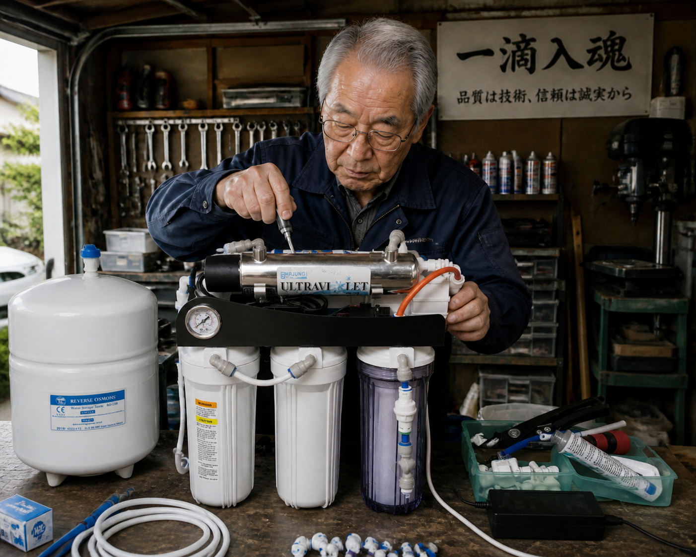 RO純水工房で浄水器を組み立て、点検している様子